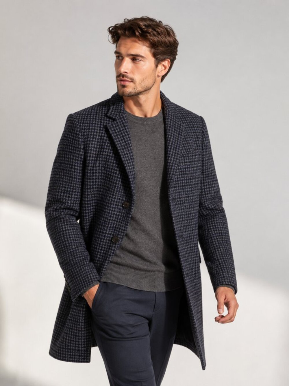 Club Monaco Wool Blend Houndstooth Overcoat Blue Gray Slim Fit Men’s 42
